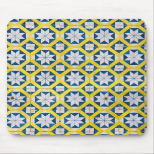 Tapis De Souris Carreaux Mosaic Fleur Motif Jaune Bleu