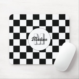 Tapis De Souris Carrés à damier Noir et Blanc monogramme rétro