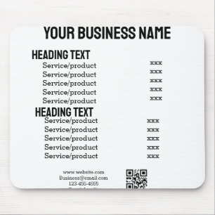 Tapis De Souris carte de menu liste de prix des produits de servic