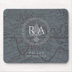 Tapis De Souris Carte de monogramme de corde nautique grise