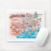 Tapis De Souris Carte de voyage illustrée de Barcelone avec routes (Avec souris)