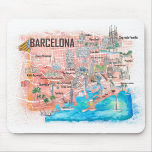 Tapis De Souris Carte de voyage illustrée de Barcelone avec routes