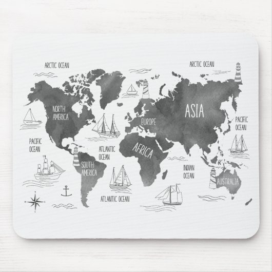 Tapis De Souris Carte du monde Art noir blanc Nautique (Devant)
