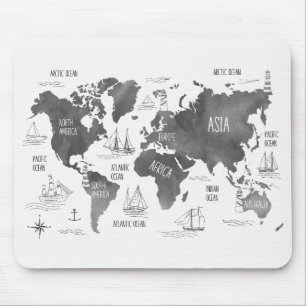 Tapis De Souris Carte du monde artistique noir blanc nautique