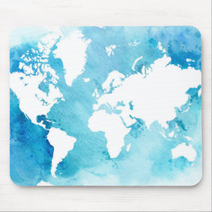 Tapis De Souris Carte du monde dans des bleus d'aquarelle