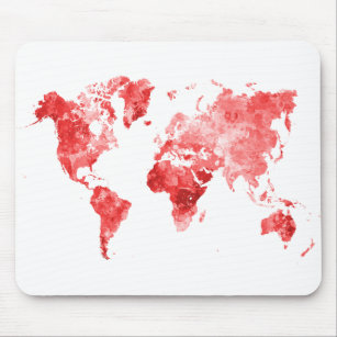 Tapis De Souris Carte du monde en aquarelle Rouge