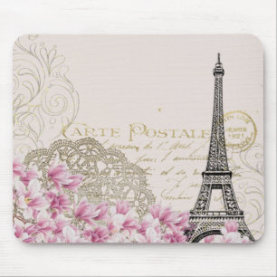Tapis De Souris Carte postale vintage de Paris et fleurs roses