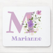 Tapis De Souris Carte Souris Initial Plus Nom & Fleurs Design (Devant)