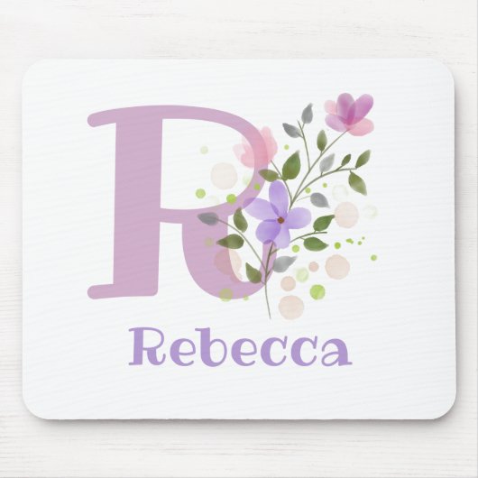 Tapis De Souris Carte Souris Initial Plus Nom & Fleurs Design (Devant)