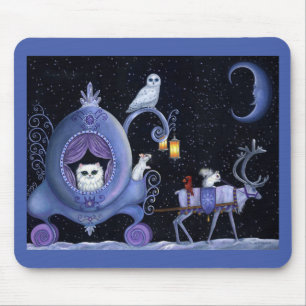 Tapis De Souris Cat Blue Carriage Hivernal Chouette des neiges Whi