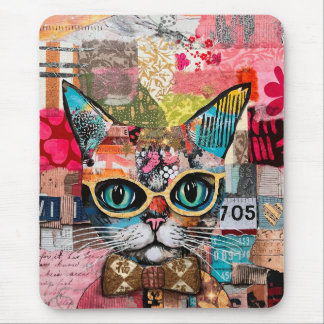 Tapis De Souris Cat Mixed Mixed Paper Collage 