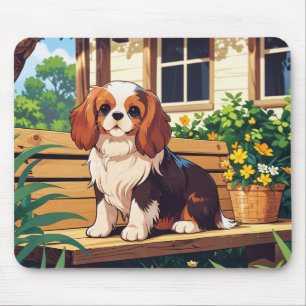 Tapis De Souris Cavalier King Charles tricolor sur banc