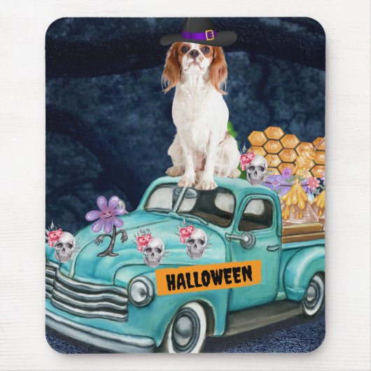 Tapis De Souris Cavalier King Chien Halloween Camion Effrayant Nui (Devant)