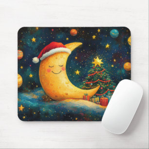 Tapis De Souris Célébration drôle de la Lune de Noël dans la Galax