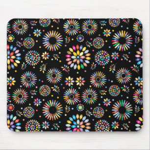 Tapis De Souris Cercles de fleurs colorés vifs sur fond noir
