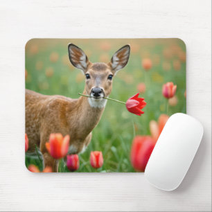 Tapis De Souris Cerf avec une tulipe rouge