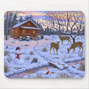 Tapis De Souris Cerf Cabine D'Hiver Dans La Scène De Noël De Neige