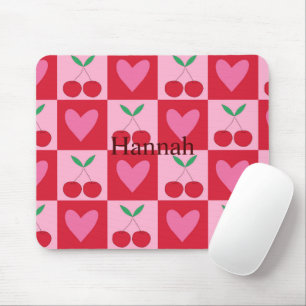 Tapis De Souris Cerises à Carreaux avec Cœurs Roses Nom Personnali