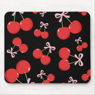 Tapis De Souris Cerises rouges noires ruban rose coquette cottage 