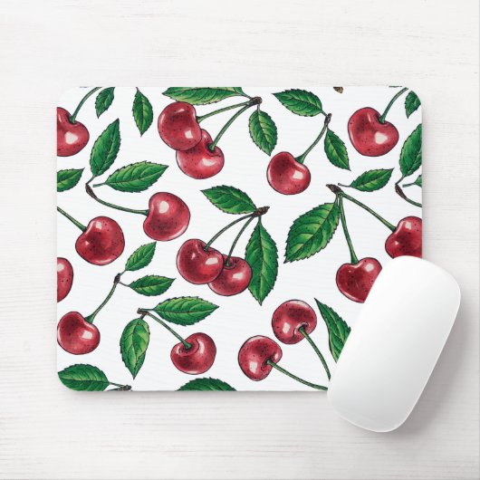 Tapis De Souris Cerises rouges sur blanc (Avec souris)