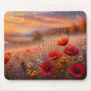 Tapis De Souris Champ de coquelicots au coucher du soleil, peintur