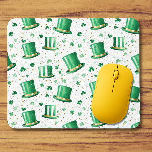 Tapis De Souris Chapeaux verts dorés de luxe et trèfles blancs