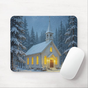 Tapis De Souris Chapelle de Noël blanche dans les pins d'hiver