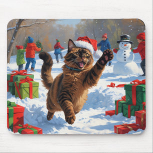 Tapis De Souris Chat abyssin Scène de Noël enneigée festive