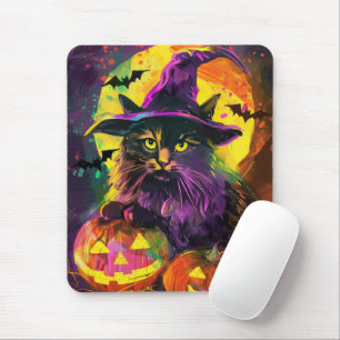 Tapis De Souris Chat angora turc effrayant Halloween Sorcière Citr