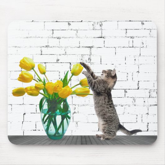 Tapis De Souris Chat avec Bouquet de Tulipe Jaune Mousepad (Devant)