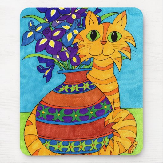 Tapis De Souris Chat avec Irises à Talavera Vase (Devant)