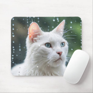 Tapis De Souris Chat Blanc Dans La Fenêtre Pluie