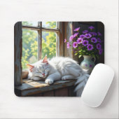 Tapis De Souris Chat blanc dormant et fleurs violettes (Avec souris)