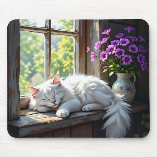 Tapis De Souris Chat blanc dormant et fleurs violettes (Devant)
