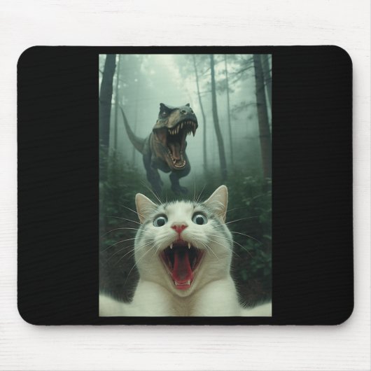 Tapis De Souris Chat blanc drôle selfie avec T-rex dinosaure, chat (Devant)