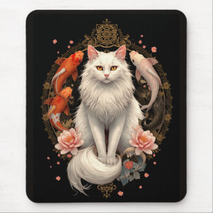 Tapis De Souris Chat Blanc Élégant avec Carpe Koï