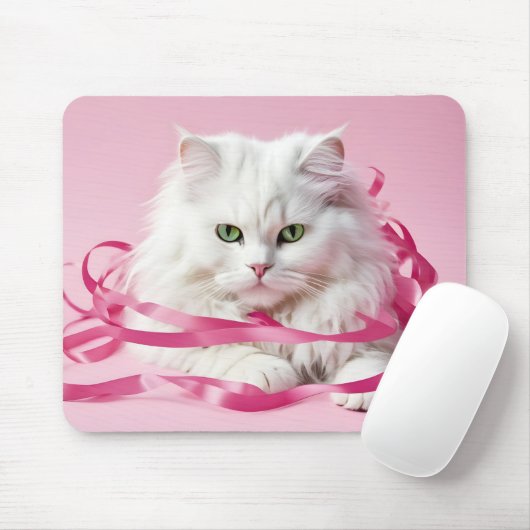 Tapis De Souris Chat Blanc En Tangé En Rubans Roses (Avec souris)