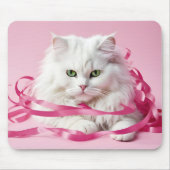Tapis De Souris Chat Blanc En Tangé En Rubans Roses (Devant)