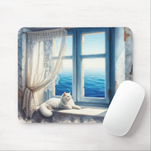 Tapis De Souris Chat blanc sur un rebord de fenêtre avec vue sur l
