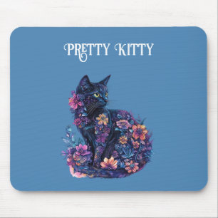 Tapis De Souris Chat bleu noir Fleurs Joli Minou