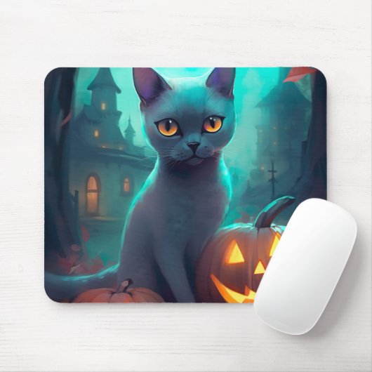 Tapis De Souris Chat bleu russe d'Halloween avec la peur Citrouill (Avec souris)