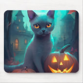 Tapis De Souris Chat bleu russe d'Halloween avec la peur Citrouill (Devant)
