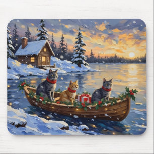 Tapis De Souris Chat Bleu Russe Noël Bateau Fêtes