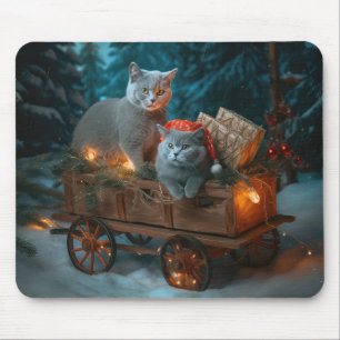 Tapis De Souris Chat Bleu Russe Traîneau de Neige Décor de Noël