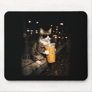 Tapis De Souris Chat buvant un café glacé mème animal drôle rétro