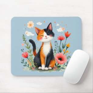 Tapis De Souris Chat Calico souriant dans le jardin fleuri