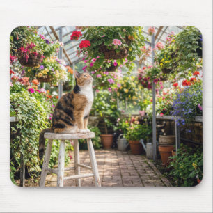 Tapis De Souris Chat calico sur un tabouret dans une serre
