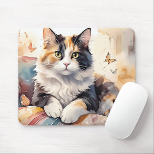 Tapis De Souris Chat calicot aquarelle fantaisiste et papillons
