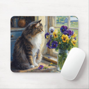 Tapis De Souris Chat calicot avec bouquet de pensées près de la fe
