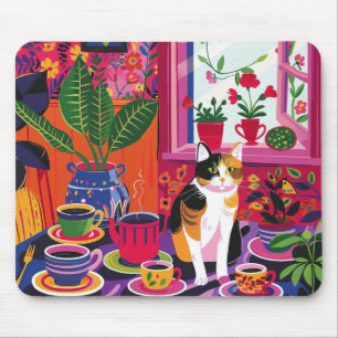 Tapis De Souris Chat calicot maximaliste et salon de thé